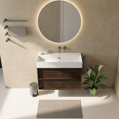 Saniclass Holz Frame Ensemble meuble de salle de bains - 100x45x72cm - Legend lavabo en céramique blanc mat - 1 vasque - sans trou de robinet - 2 tiroirs - chêne charcoal mat (bois)