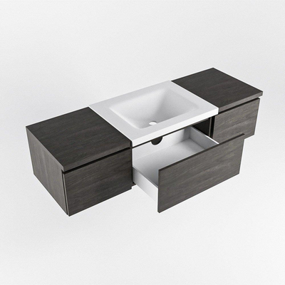 MONDIAZ BUKLA meuble de salle de bain 140 cm avec module 40 couleur Marron Foncé avec 3 tiroirs. Lavabo CLOUD centre 1 trou de robinet couleur Talc.