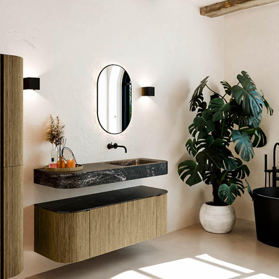 MONDIAZ THOR-DLUX Meuble de salle de bains 130cm arrondi gauche + droite couleur Dusk avec 1 tiroir et 2 portes. Vasque suspendue CLOUD Droite sans trou de robinet couleur Lava.