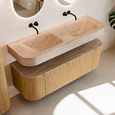 MONDIAZ THOR-DLUX 140cm meuble de salle de bains arrondi gauche + droite couleur Oak avec 1 tiroir et 2 portes. Vasque suspendue CLOUD Double sans trou de robinet couleur Saba.