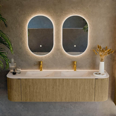 MONDIAZ KURVE-DLUX Meuble de salle de bains 170cm arrondi gauche + droite couleur Dusk avec 1 tiroir et 2 portes. Lavabo LEAF Double 2 trous de robinet Meli.