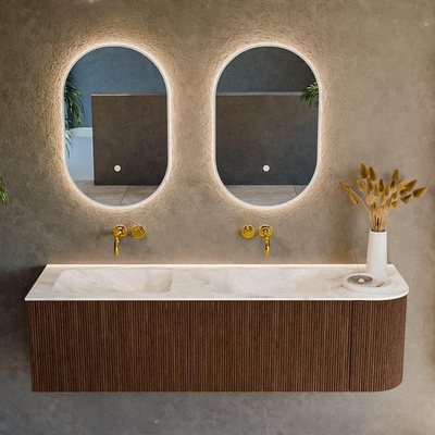 MONDIAZ KURVE-DLUX 155cm badmeubel met module 25 R kleur Walnut met 2 lades en 1 deur. Wastafel LEAF dubbel / links zonder kraangat kleur Frappe.