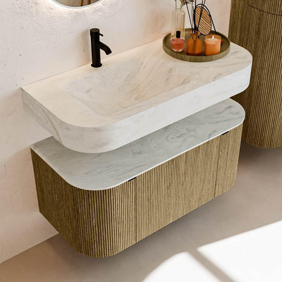 MONDIAZ THOR-DLUX 100cm meuble de salle de bains arrondi gauche + droite couleur Dusk avec 1 tiroir et 2 portes. Vasque suspendue CLOUD Gauche 1 trou de robinet couleur Opalo.