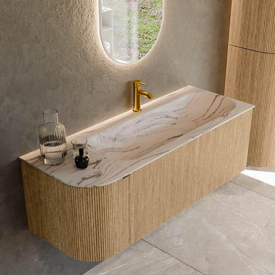 MONDIAZ KURVE-DLUX 125cm badmeubel ronding Links kleur Oak met 1 lade en 1 deur. Wastafel BIG MEDIUM Rechts 1 kraangat Nata.