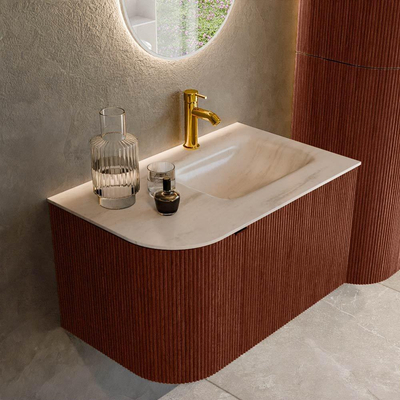 MONDIAZ KURVE-DLUX 75cm badmeubel ronding Links kleur Ruby met 1 lade en 1 deur. Wastafel GRUNNE Rechts 1 kraangat Meli.