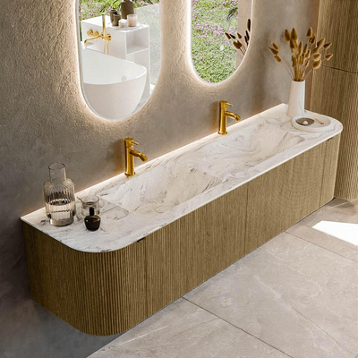 Mondiaz KURVE-DLUX Badkamermeubelset - 180x46x40cm - 2 lade - 2 deuren - wastafel solid surface - dubbel - 2 kraangaten - Dusk