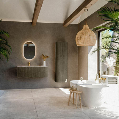 MONDIAZ KURVE-DLUX Meuble de salle de bains 115cm arrondi à droite couleur Shadow avec 1 tiroir et 1 porte. Lavabo BIG SMALL gauche 1 trou de robinet Sombra.