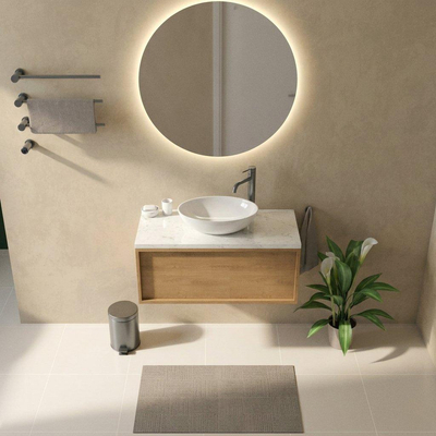 Saniclass Holz Frame Ensemble de meuble de salle de bains - 100x45x43cm - Plan vasque en marbre Dia poli (blanc) - 1 trou de robinetterie - 1 tiroir - chêne natural mat (bois)