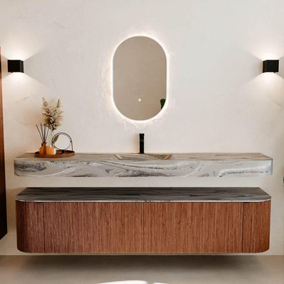 MONDIAZ THOR-DLUX 200cm meuble de salle de bains arrondi gauche + droite couleur Ruby avec 2 tiroirs et 2 portes. Vasque suspendue CLOUD Milieu 1 trou de robinet couleur Sombra.