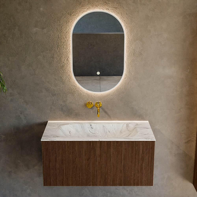 MONDIAZ KURVE-DLUX 90cm badmeubel kleur Walnut met 1 lade. Wastafel BIG SMALL midden zonder kraangat kleur Glace.