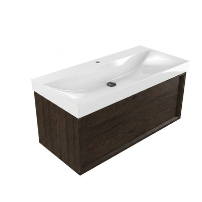 Saniclass Holz Frame Ensemble de meubles de salle de bains - 100x45x47.5cm - lavabo Wave en céramique - 1 vasque - 1 trou de robinet - 1 tiroir - chêne charcoal mat (bois)