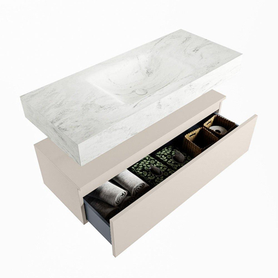 Mondiaz ALAN-DLUX Ensemble de meuble - 110cm - meuble Linen mat - 1 tiroir - Lavabo Cloud Opalo suspendu - vasque Centre - 0 trous de robinet