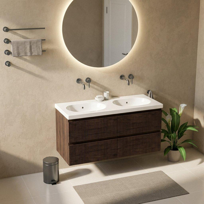 Saniclass Holz Atelier Ensemble de meubles de salle de bains - 120x45x63.5cm - lavabo en céramique Palermo blanc - 2 vasques - sans trous de robinetterie - 2 tiroirs - chêne charcoal mat (bois)