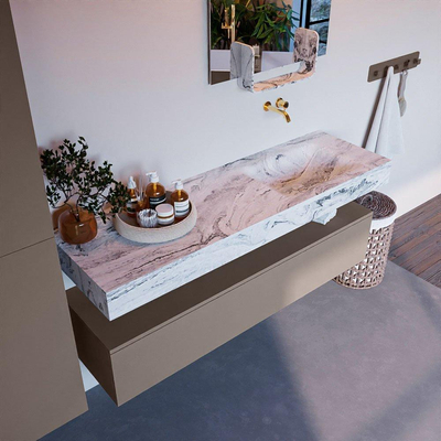 Mondiaz ALAN-DLUX Ensemble de meuble - 150cm - meuble Smoke mat - 1 tiroir - Lavabo Cloud Glace suspendu - vasque Droite - 0 trous de robinet