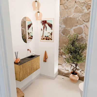 Mondiaz JOYA-DLUX 80cm toiletmeubel - kleur Oak - Wastafel FAYE positie Rechts Zonder kraangat kleur Lava.