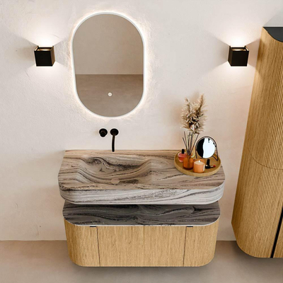 MONDIAZ THOR-DLUX Meuble de salle de bains - 110cm - arrondi gauche + droite - couleur Oak - 1 tiroir - 2 portes - Vasque suspendue CLOUD Gauche sans trou de robinet - couleur Sombra