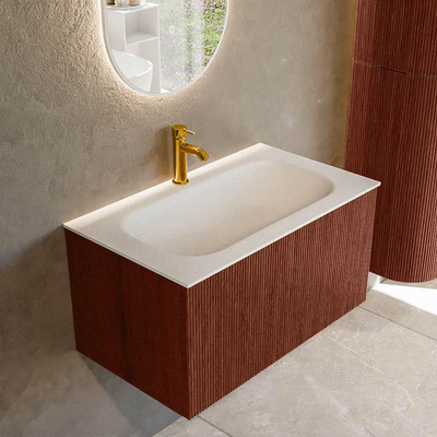 Ensemble de meuble de salle de bain Mondiaz KURVE - 80x46x40cm - 1 tiroir - lavabo en solid surface - milieu - 1 trou de robinet - Ruby