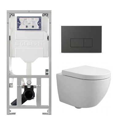 Pack WC QeramiQ Dely Swirl Compact - réservoir encastrable Geberit UP320 - avec bâti-support Burda - abattant 25 mm - plaque de commande en plastique anthracite mat - boutons rectangulaires - blanc brillant