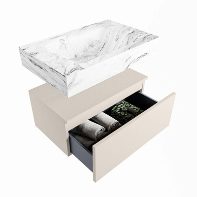 Mondiaz ALAN-DLUX Ensemble de meuble - 70cm - meuble Linen mat - 1 tiroir - Lavabo Cloud Glace suspendu - vasque Centre - 1 trou de robinet