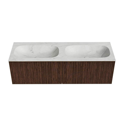 MONDIAZ KURVE-DLUX Meuble de salle de bains 140cm couleur Walnut avec 2 tiroirs. Lavabo STOR SMALL double sans trou de robinet couleur Opalo.