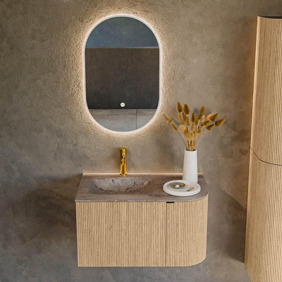 MONDIAZ KURVE-DLUX Meuble de salle de bains 75cm arrondi à droite couleur Oak avec 1 tiroir et 1 porte. Lavabo GRUNNE à gauche 1 trou de robinet Oza.
