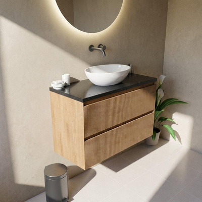 Saniclass Holz Atelier Ensemble meuble de salle de bains - 100x45x63cm - plan vasque en basalte Noche poli (noir) - sans trou de robinet - 2 tiroirs - chêne natural mat (bois)