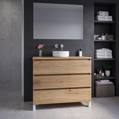 Adema Chaci PLUS Ensemble de meuble - 99.5x86x45.9cm - vasque à poser sur plan - robinets encastrables Inox - 3 tiroirs - Cannelle