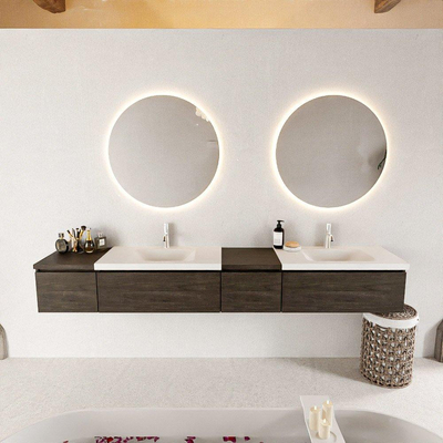 MONDIAZ BUKLA 240cm ensemble de meuble avec module 40 à droite couleur Marron Foncé avec 4 tiroirs. Lavabo CLOUD double 2 trous de robinet couleur Talc.