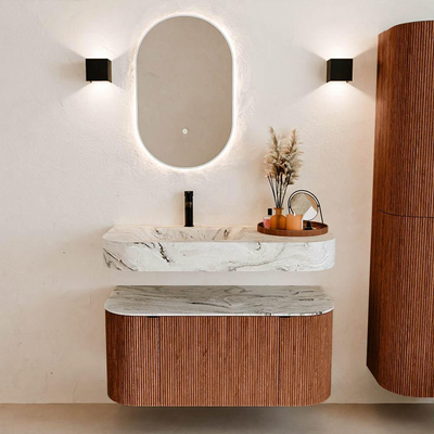 MONDIAZ THOR-DLUX 100cm meuble de salle de bains arrondi gauche + droite couleur Ruby avec 1 tiroir et 2 portes. Vasque suspendue CLOUD Gauche 1 trou de robinet couleur Glace.