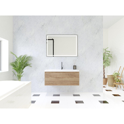 HR Matrix ensemble meuble de salle de bain 3d 100cm 1 tiroir sans poignée avec bandeau couleur chêne français avec vasque djazz 1 trou robinet blanc