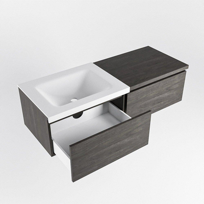 MONDIAZ BUKLA 120cm ensemble de meuble avec module 60 couleur Marron Foncé avec 2 tiroirs. Lavabo CLOUD à gauche 1 trou de robinet couleur Talc.