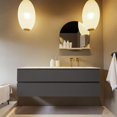 Mondiaz VICA-DLUX ensemble de meuble de salle de bain - 150cm - meuble sous-vasque gris foncé - 2 tiroirs - lavabo encastré cloud droite - sans trous de robinet - version haute de 60cm - frape