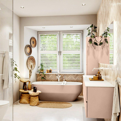 MONDIAZ Vica Ensemble meuble de salle de bains - 180cm - meuble bas rosee - 4 tiroirs - lavabo cloud gauche - sans trous de robinet - version haute 60cm - talc