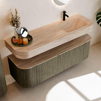 MONDIAZ THOR-DLUX 150cm meuble de salle de bains arrondi gauche + droite couleur Shadow avec 1 tiroir et 2 portes. Vasque suspendue CLOUD Droite 1 trou de robinet couleur Saba.