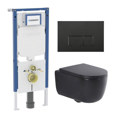 QeramiQ Dely Swirl Toiletset - 36.3x51.7cm - Geberit UP720 Duofix Sigma inbouwreservoir - 35mm zitting - mat zwarte metalen bedieningsplaat - rechthoekige knoppen - mat zwart