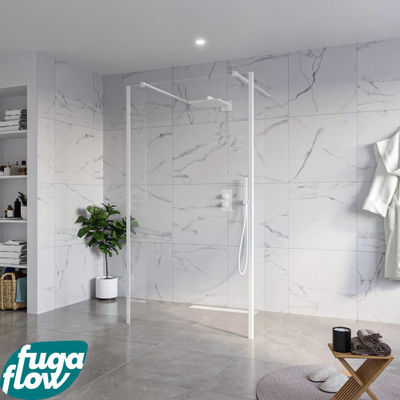 FugaFlow Eccelente Vetro Douche à l'italienne - 110x200cm - verre clair - anticalcaire - verre de sécurité 8mm - 2 parois latérales 30cm - avec bras muraux et profilés d'angle - Blanc mat
