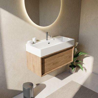 Saniclass Holz Frame Ensemble de meubles de salle de bains - 100x45x52cm - lavabo Legend en céramique blanc - 1 vasque - 1 trou de robinet - 1 tiroir - chêne naturel mat (bois)