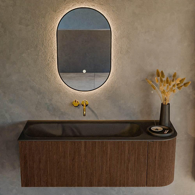 MONDIAZ KURVE 125cm badmeubel met module 25 R kleur Walnut met 1 lade en 1 deur. Wastafel BIG MEDIUM links zonder kraangat Urban.