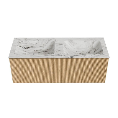 MONDIAZ KURVE-DLUX 120cm badmeubel kleur Oak met 1 lade. Wastafel LEAF dubbel zonder kraangat kleur Glace.