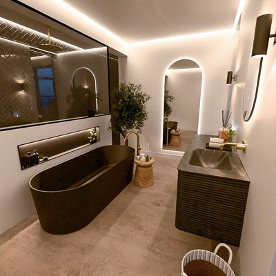 Mondiaz CIRO-DLUX Meuble de salle de bains - 140x45x50cm - Plan vasque solid surface Lava - 1 vasque à droite - sans trous de robinet - 4 tiroirs - Shadow