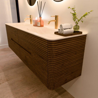 Mondiaz CIRO-DLUX Badkamermeubelset - 170x45x50cm - Solid surface wastafel Meli - 2 wasbak Dubbel - 2 kraangaten - 4 lades - Dusk