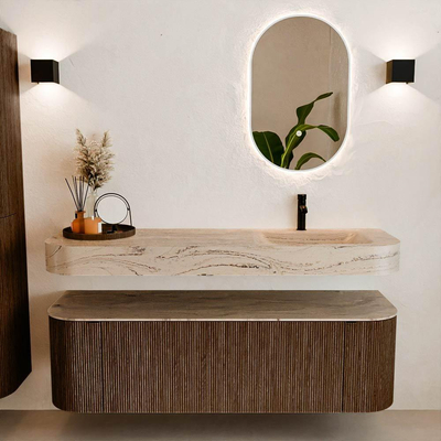 MONDIAZ THOR-DLUX 150cm badmeubel ronding links + rechts kleur Walnut met 1 lade en 2 deuren. Vrijhangende wastafel CLOUD Rechts 1 kraangat kleur Arena.