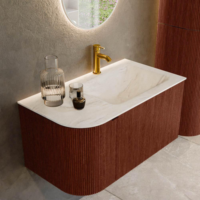 Mondiaz KURVE-DLUX Badkamermeubelset - 85x46x40cm - 1 lade - 1 deur - wastafel solid surface - rechts - 1 kraangat - Ruby