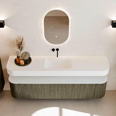 MONDIAZ THOR Meuble de salle de bains 190cm arrondi gauche + droite couleur Shadow avec 2 tiroirs et 2 portes. Vasque suspendue CLOUD Milieu sans trou de robinet couleur Talc.