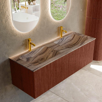 MONDIAZ KURVE-DLUX Meuble de salle de bains 130cm couleur Ruby avec 2 tiroirs et 0 portes. Lavabo LEAF Double 2 trous de robinet Sombra.