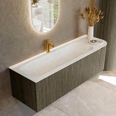 Mondiaz KURVE-DLUX Ensemble de meubles de salle de bains - 145x46x40cm - 1 tiroir - 1 porte - lavabo solid surface - gauche - 1 trou de robinet - Shadow