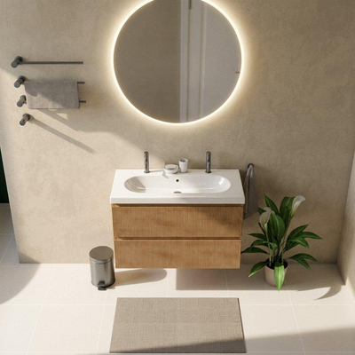 Saniclass Holz Atelier Ensemble meuble de salle de bains - 100x45x63,5cm - lavabo Palermo en céramique blanc - 1 vasque - 2 trous de robinetterie - 2 tiroirs - chêne natural mat (bois)