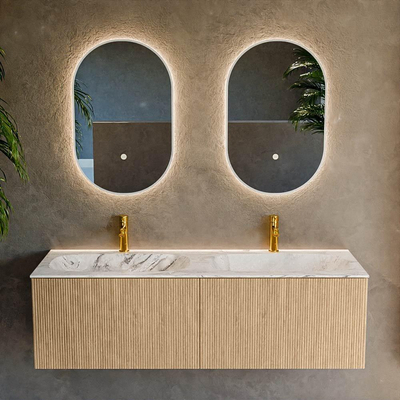 MONDIAZ KURVE-DLUX 140cm badmeubel kleur Oak met 2 lades. Wastafel STOR SMALL dubbel 2 kraangaten kleur Glace.