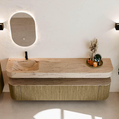 MONDIAZ THOR-DLUX 200cm meuble de salle de bains arrondi gauche + droite couleur Dusk avec 2 tiroirs et 2 portes. Vasque suspendue CLOUD Gauche 1 trou de robinet couleur Arena.