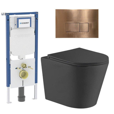 QeramiQ Dely Toiletset - 36.3x51.7cm - diepspoel - rimless - Geberit UP720 inbouwreservoir - softclose toiletzitting - koperen bedieningsplaat - rechtehoekige knoppen - met Burda frame - mat zwart